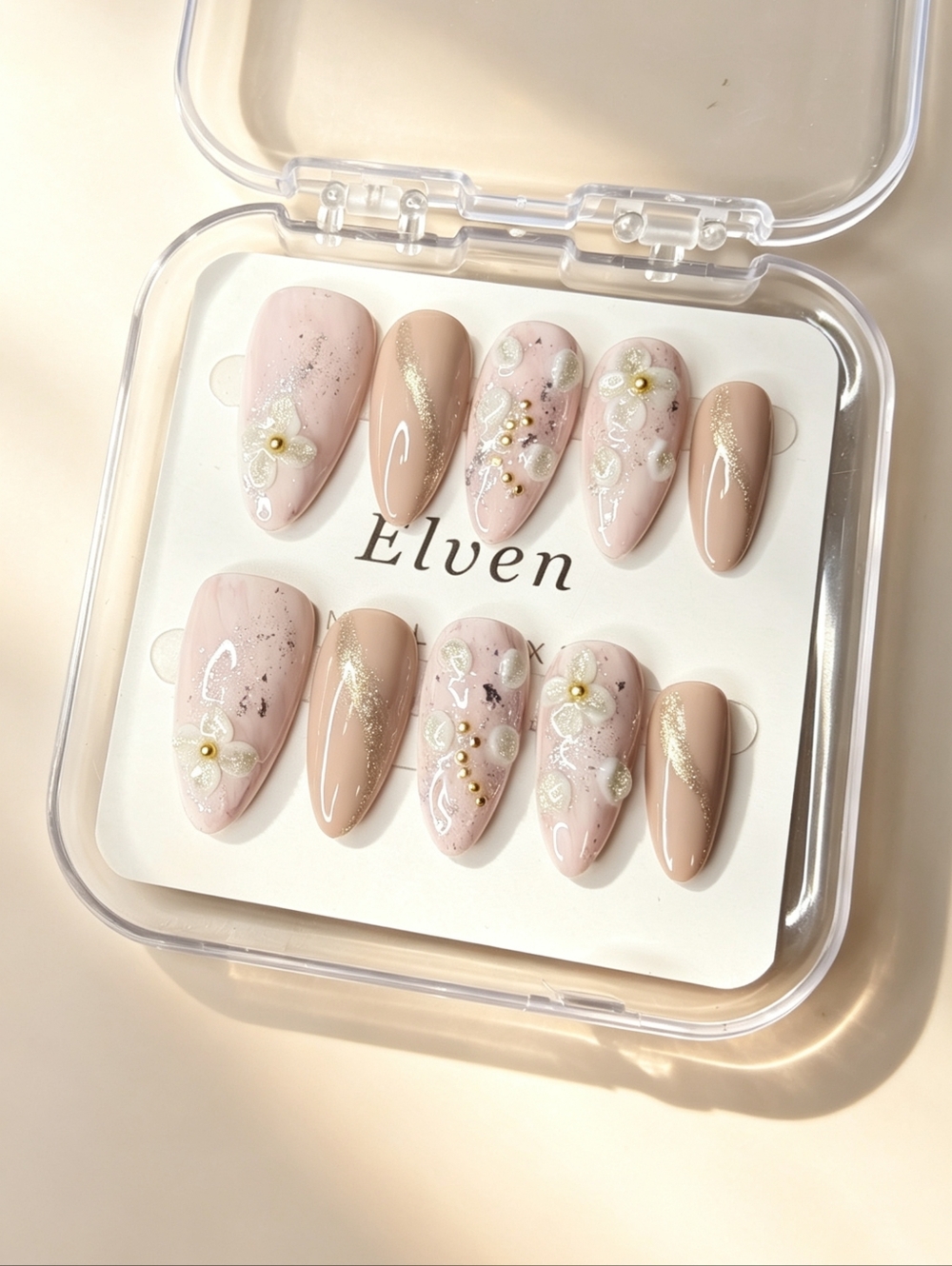 Pink Nude Silver Glitter With Floral Medium Almond Handmade Press On Nails